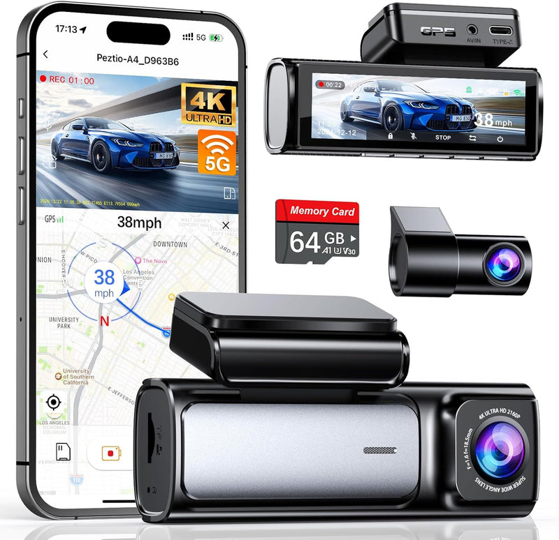 Affver A4 4K Dual Dash Cam with Front and Rear Cameras, 5G WiFi, GPS, and Night Vision – Compact Windshield Mount Design for Cars, Trucks, and Minivans.