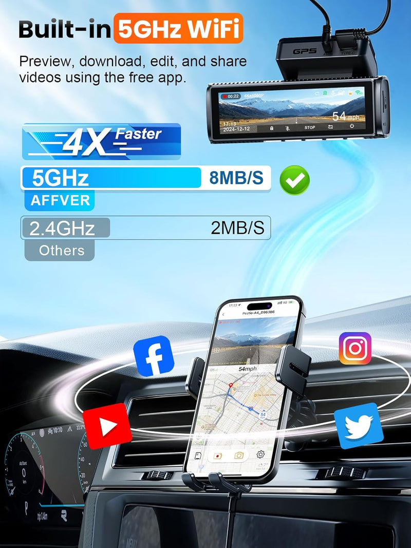 Affver A4 Dash Cam featuring built-in 5G WiFi and GPS for real-time speed tracking and seamless video transfer.