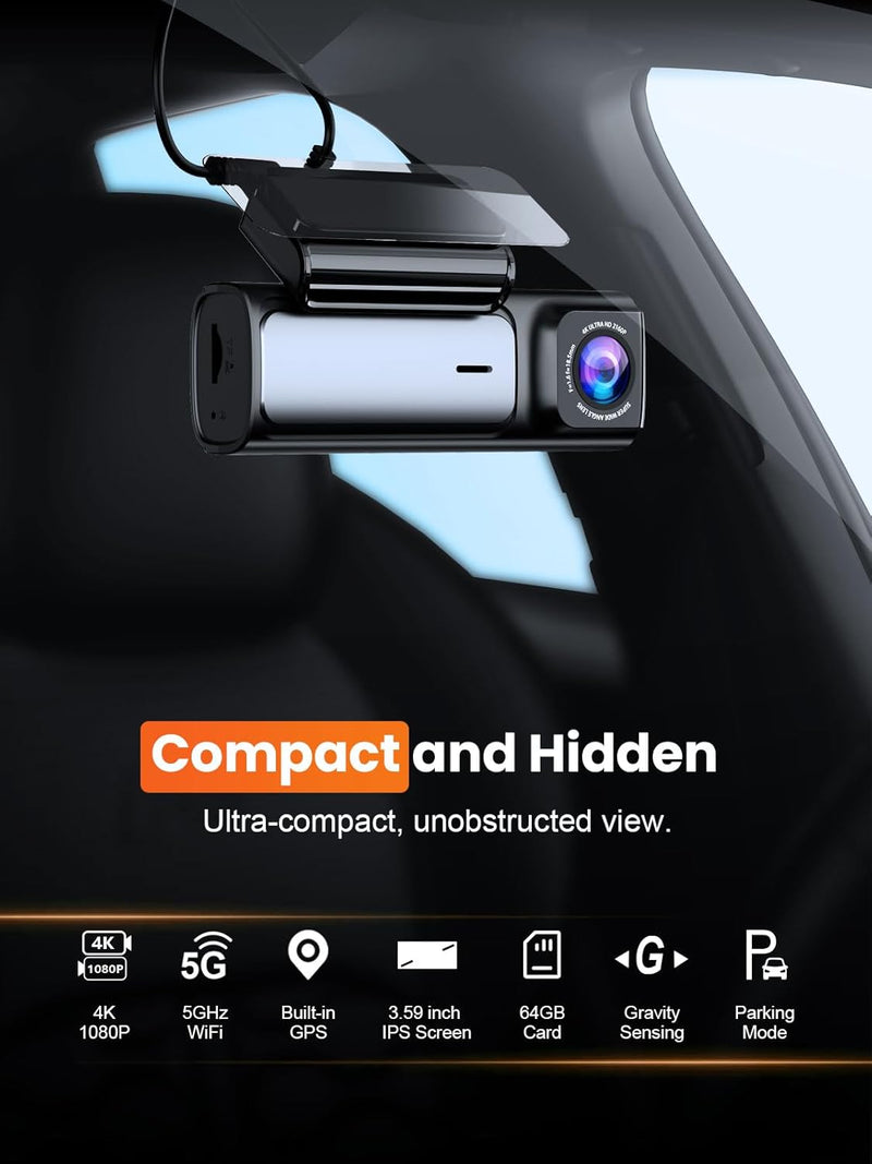 Affver A4 Dash Cam front view – Compact 4K UHD camera with 160° wide-angle lens and discreet windshield mount.